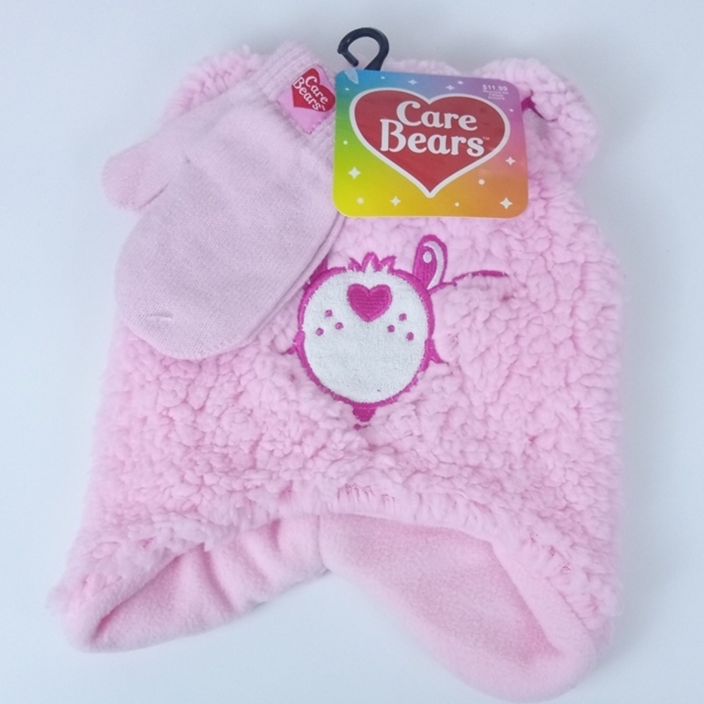 🛝 Care Bears Pink Sherpa Earflap Hat with Matching Mittens Set